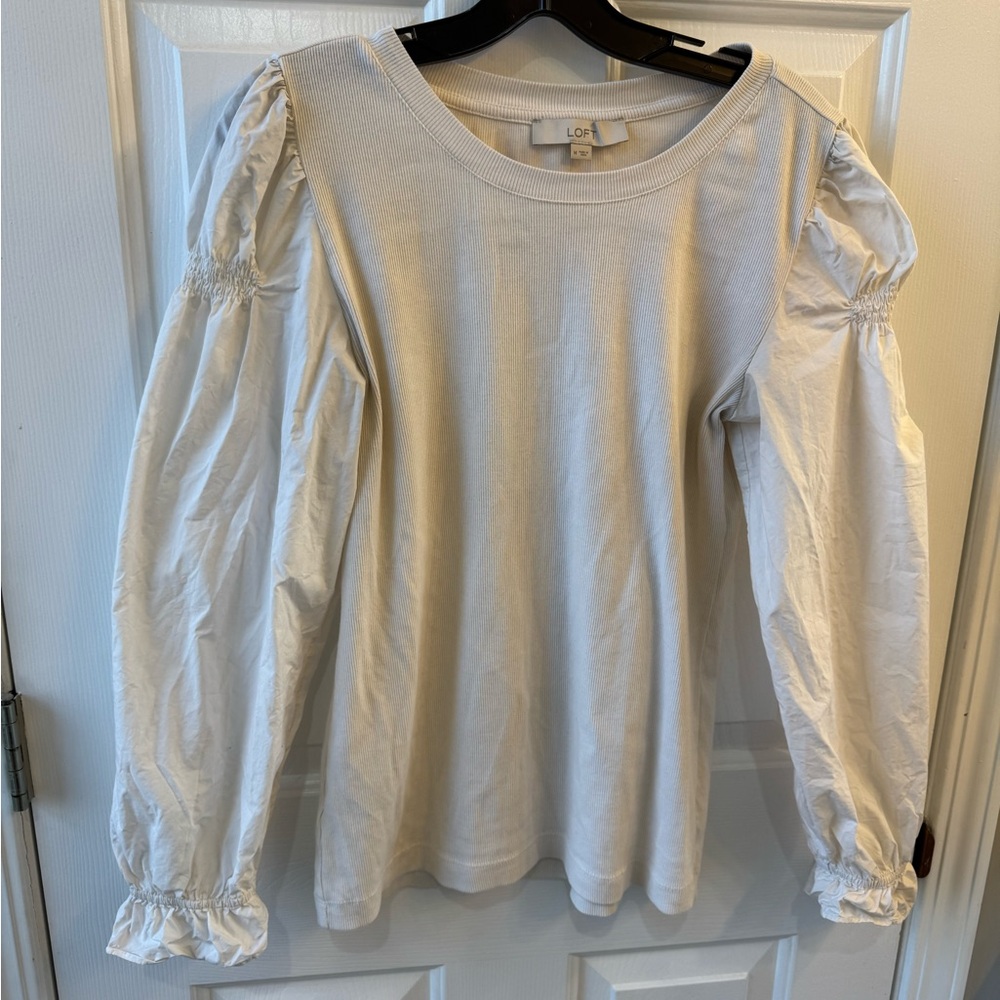 Loft Mixed Media Ruffle Sleeve Top Off White , M